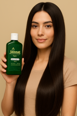 Woman holding a bottle of Jannat Organics olive hair oil against a beige background